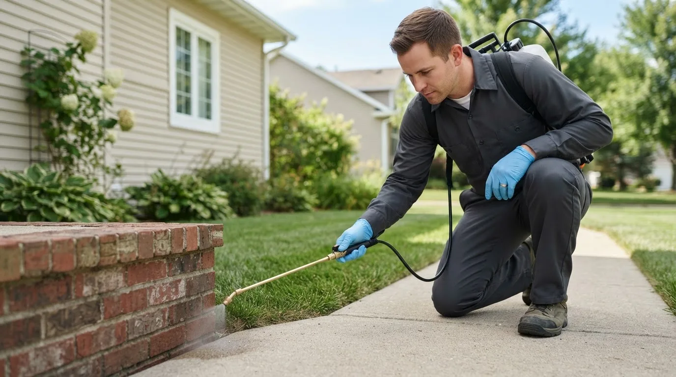 Pest control technician treating a home near Latham, KS
