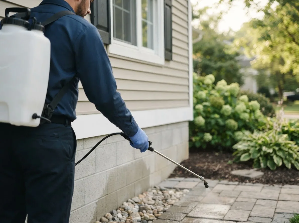 Pest control technician inspecting a home in Latham, KS